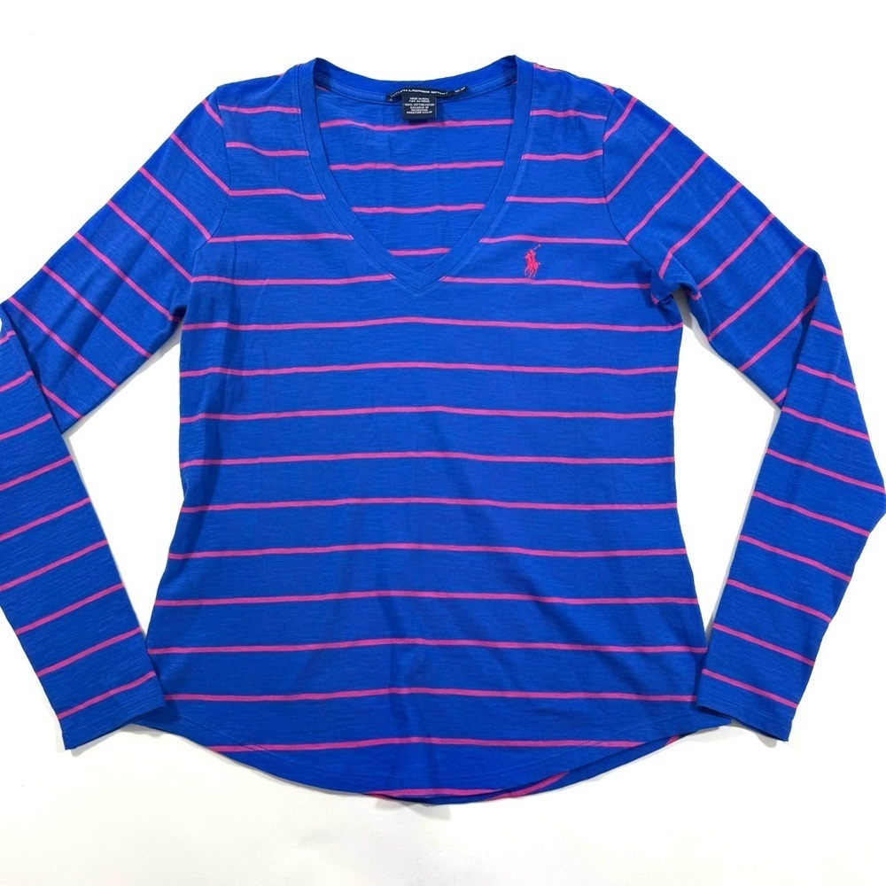 Ralph Lauren Sport V Neck Shirt Blue Pink Stripe Preppy